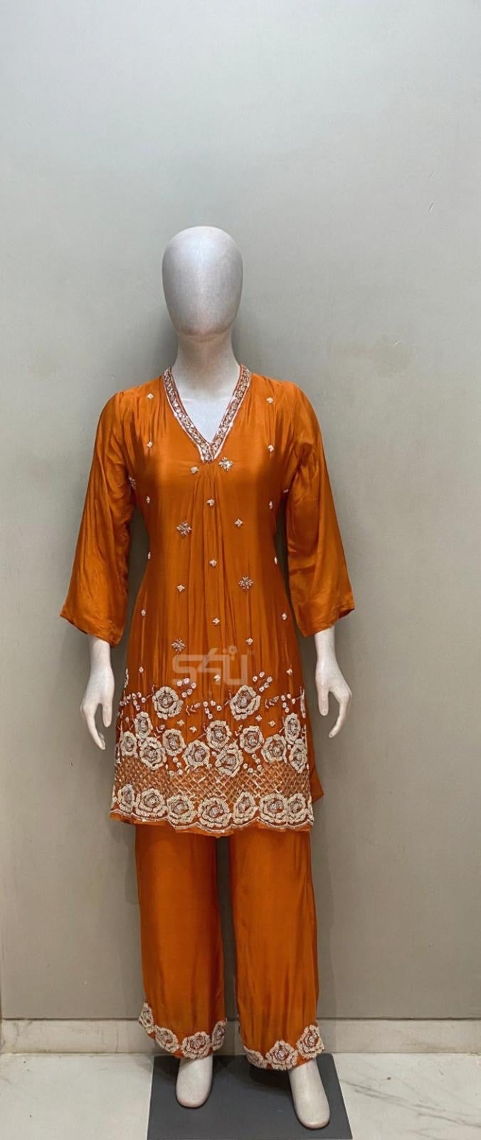 Tangerine Bloom Embroidered Kurta Pant Set