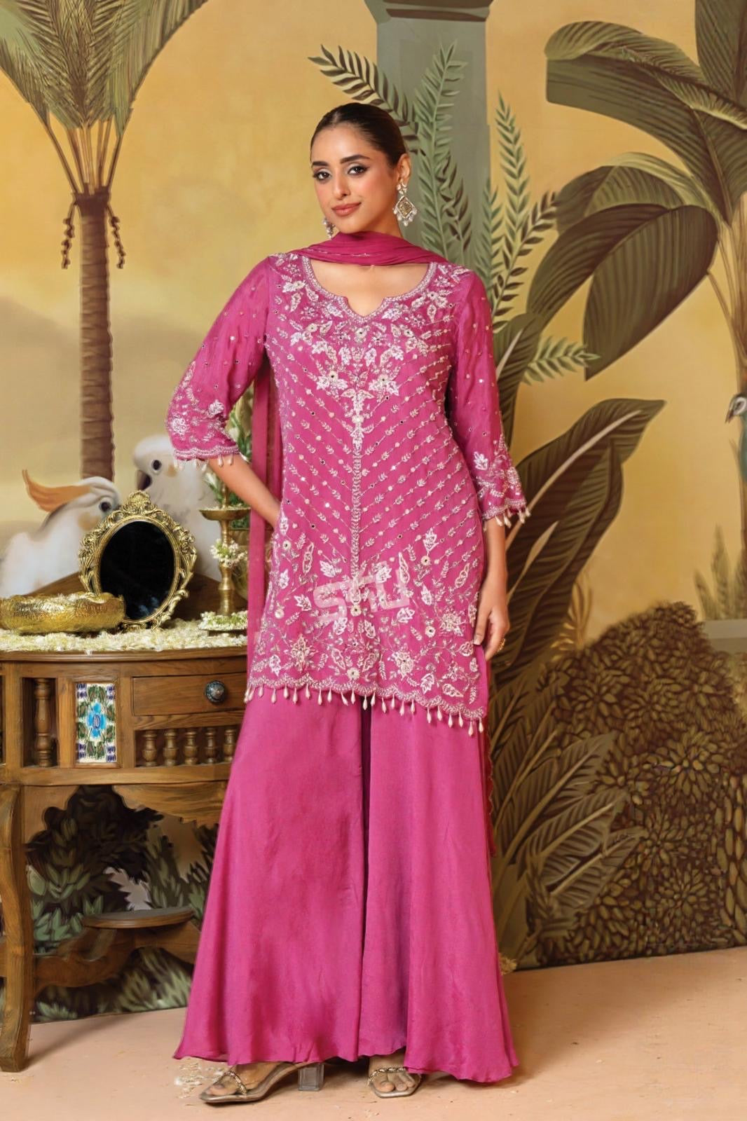 Pink Embroidered Sharara Set