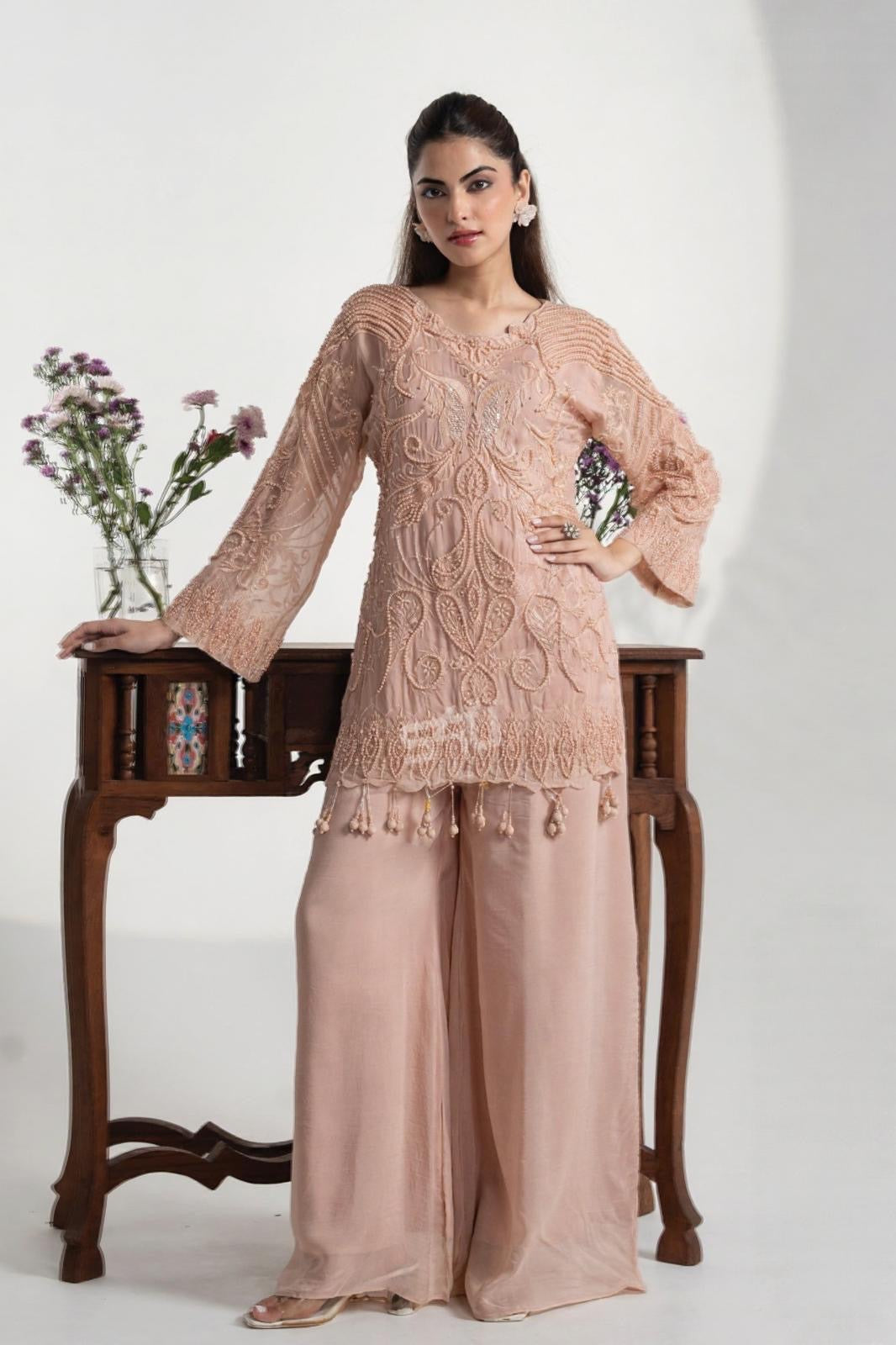 Embroidered Nude Straight-Kurta