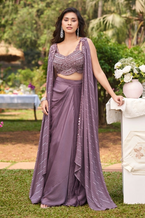Mauve Luxe Draped Saree Set with Sequin Blouse