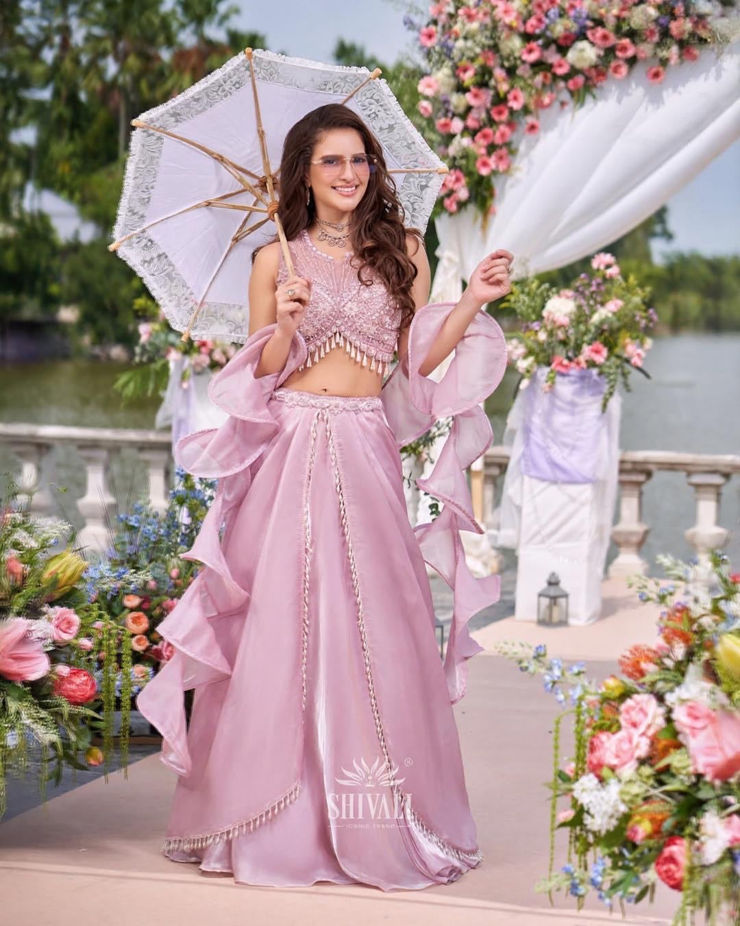 Blush Pink Ruffle Pearl Lehenga Set