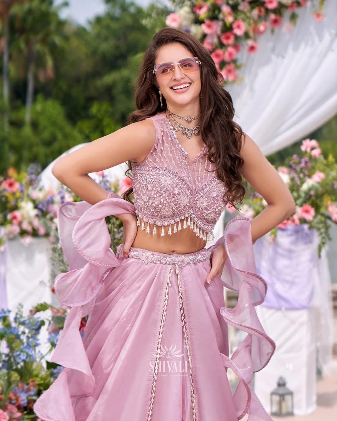 Blush Pink Ruffle Pearl Lehenga Set