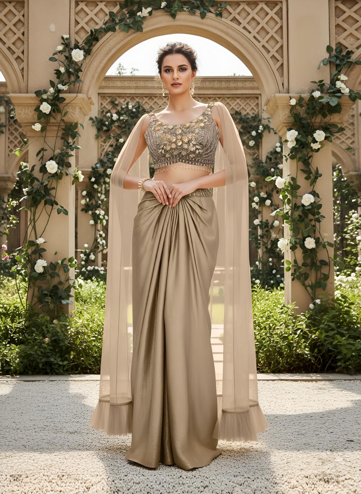 Champagne Draped Couture Ensemble