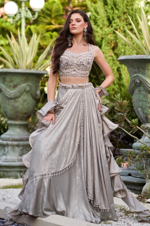 Silver Ruffle Draped Lehenga