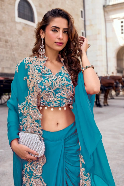 Teal Embroidered Cape Saree