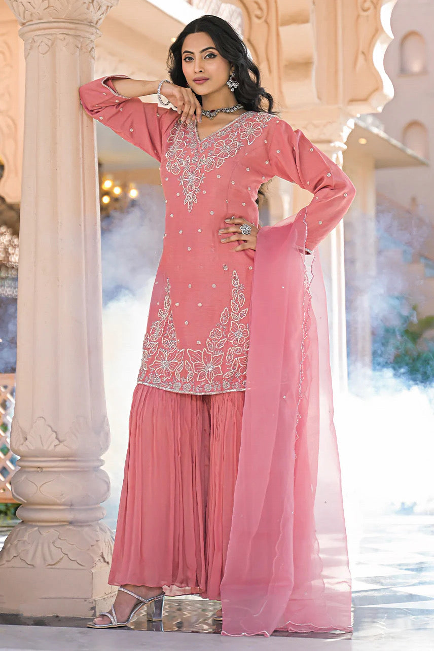 Pink Floral-Embroidered Sharara Suit