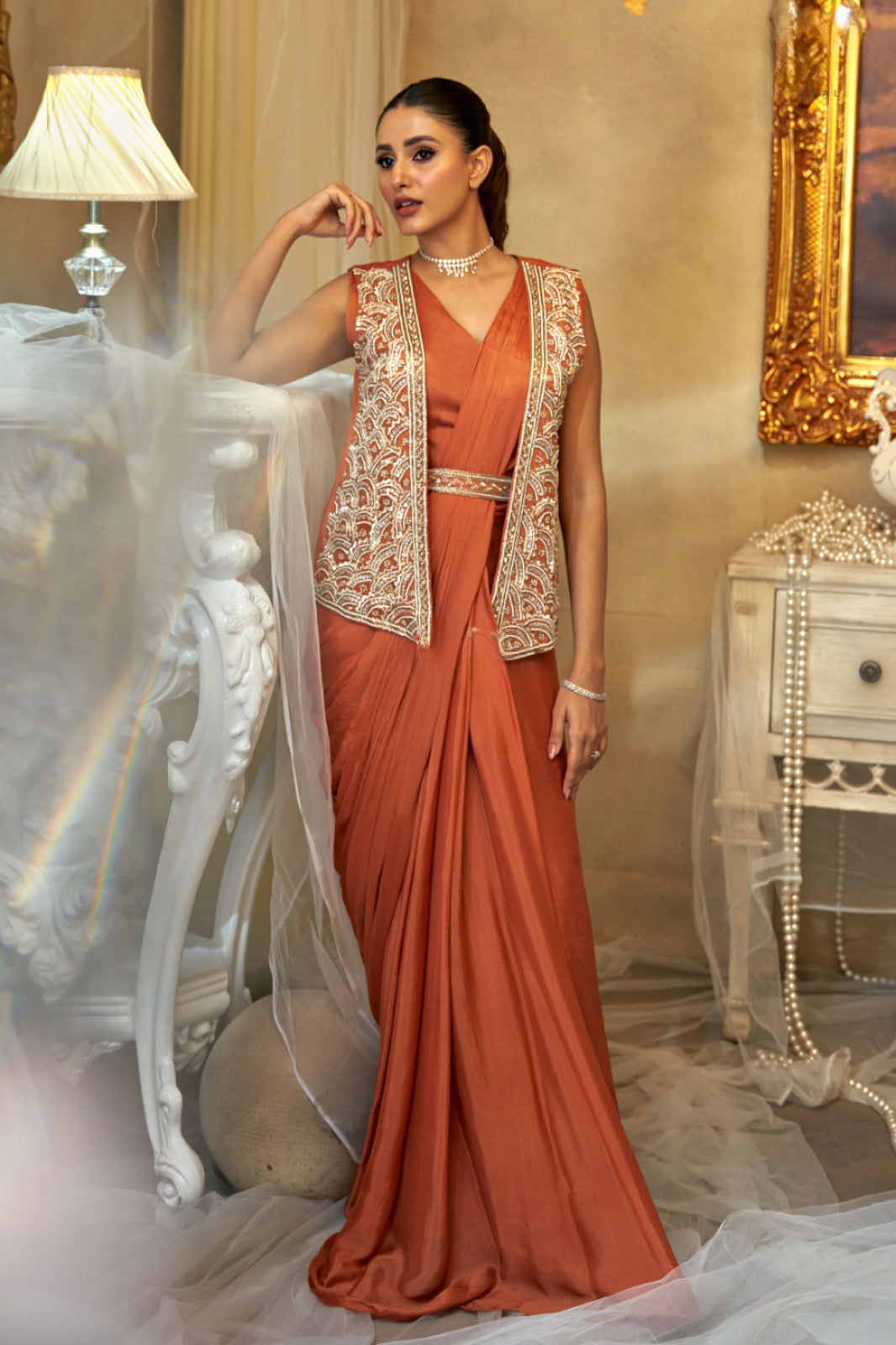 Rust Draped Saree Set