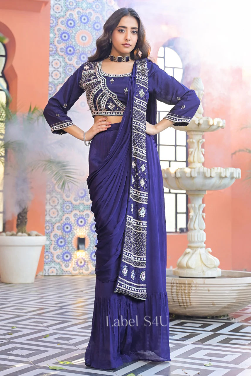 Navy Mirror Drape Saree