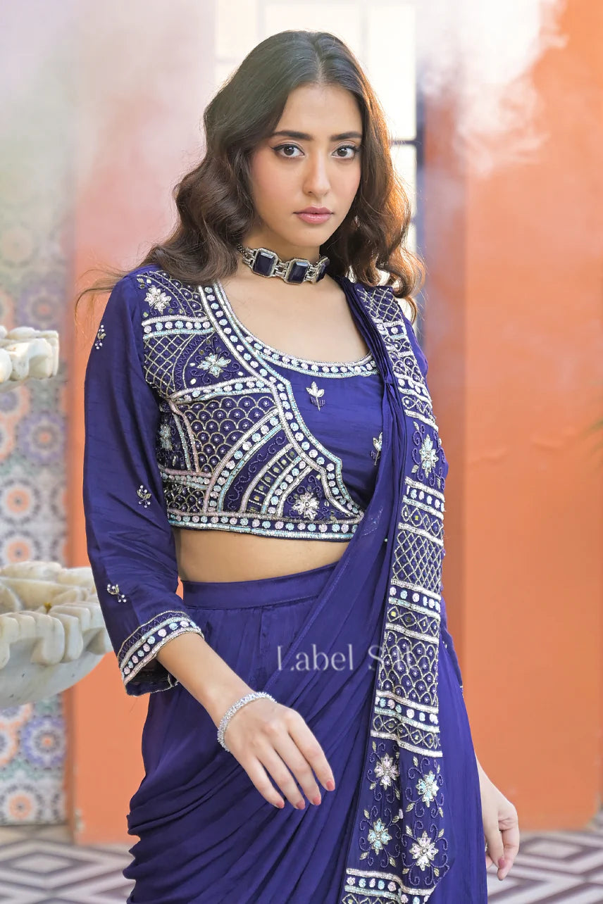 Navy Mirror Drape Saree