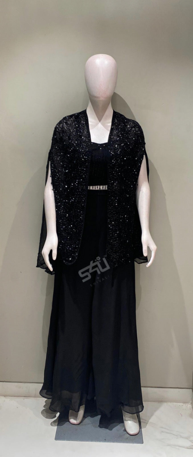 Black Sequin-Draped Cape Sharara Set
