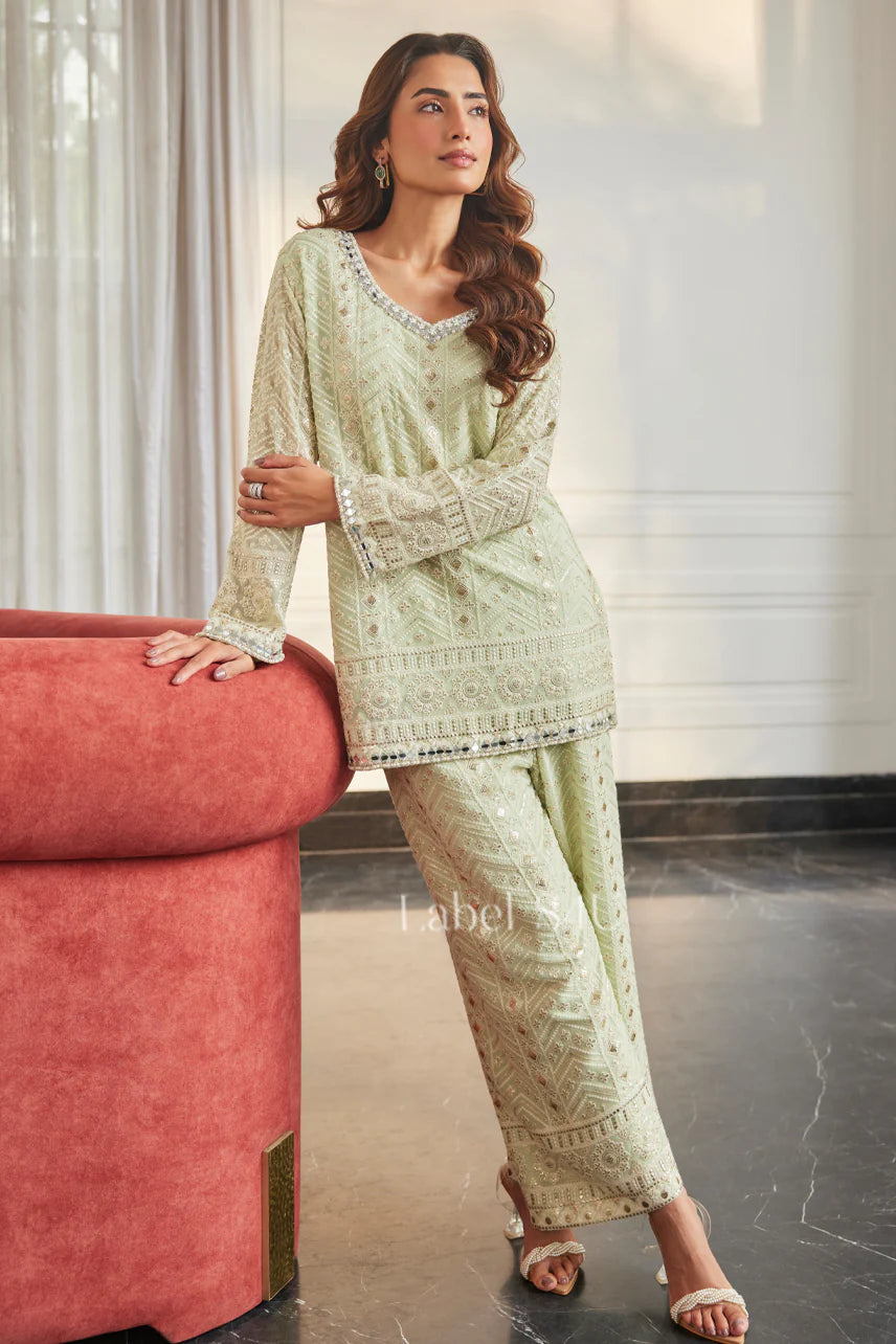 Mint Mirrorwork Straight Suit Set