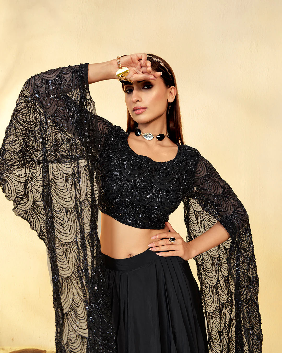 Midnight Enchantress Sequin Cape Lehenga Set