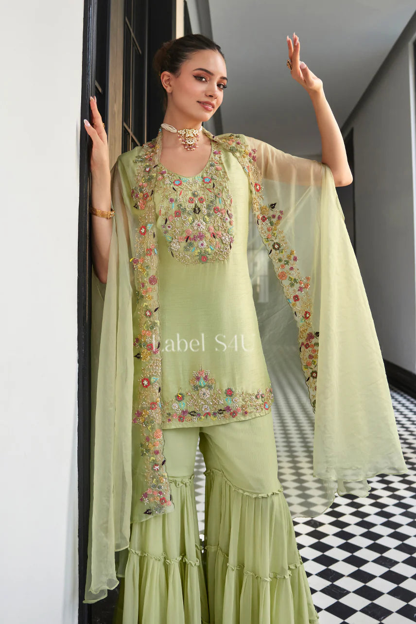 Sage Floral Sharara Suit Set