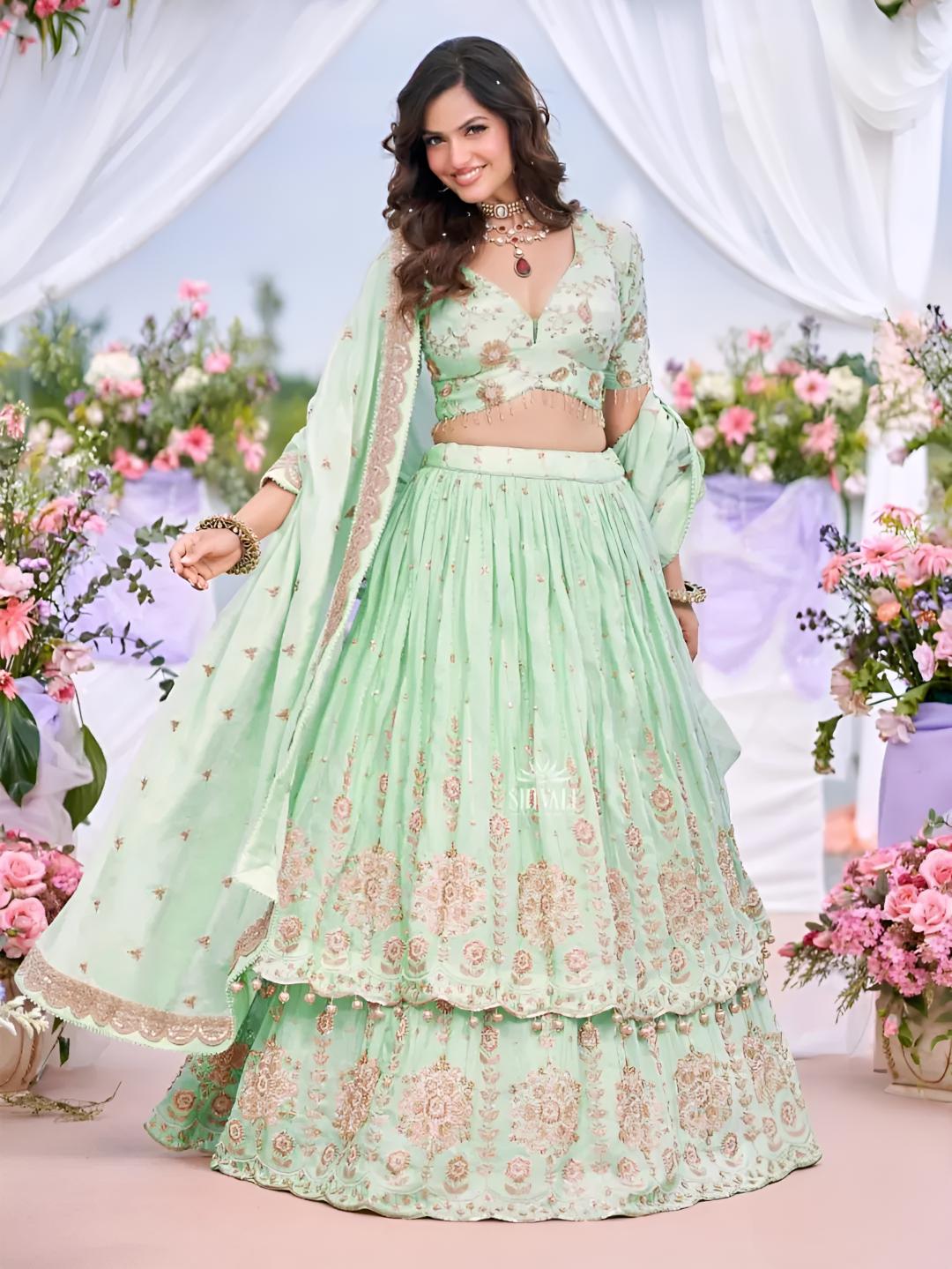 Mint Floral Embroidered Lehenga