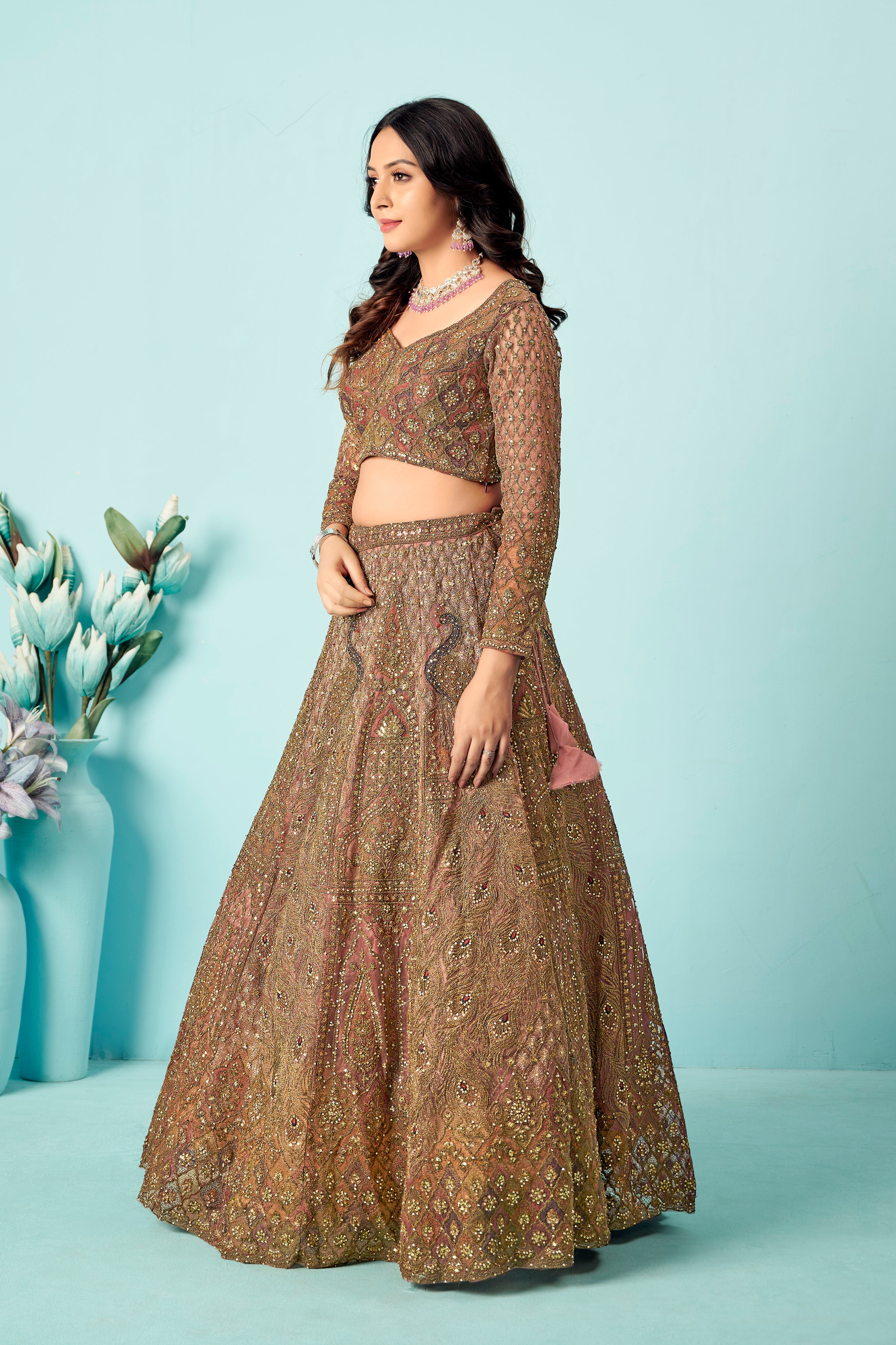 Antique Rose Gold Heavy Embroidered Lehenga Set