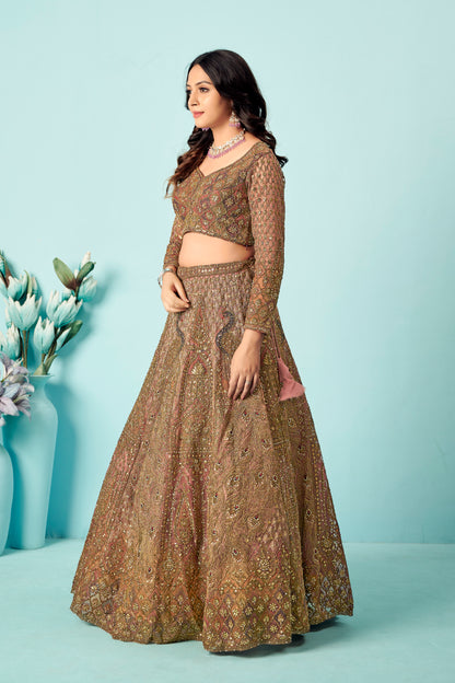 Antique Rose Gold Heavy Embroidered Lehenga Set