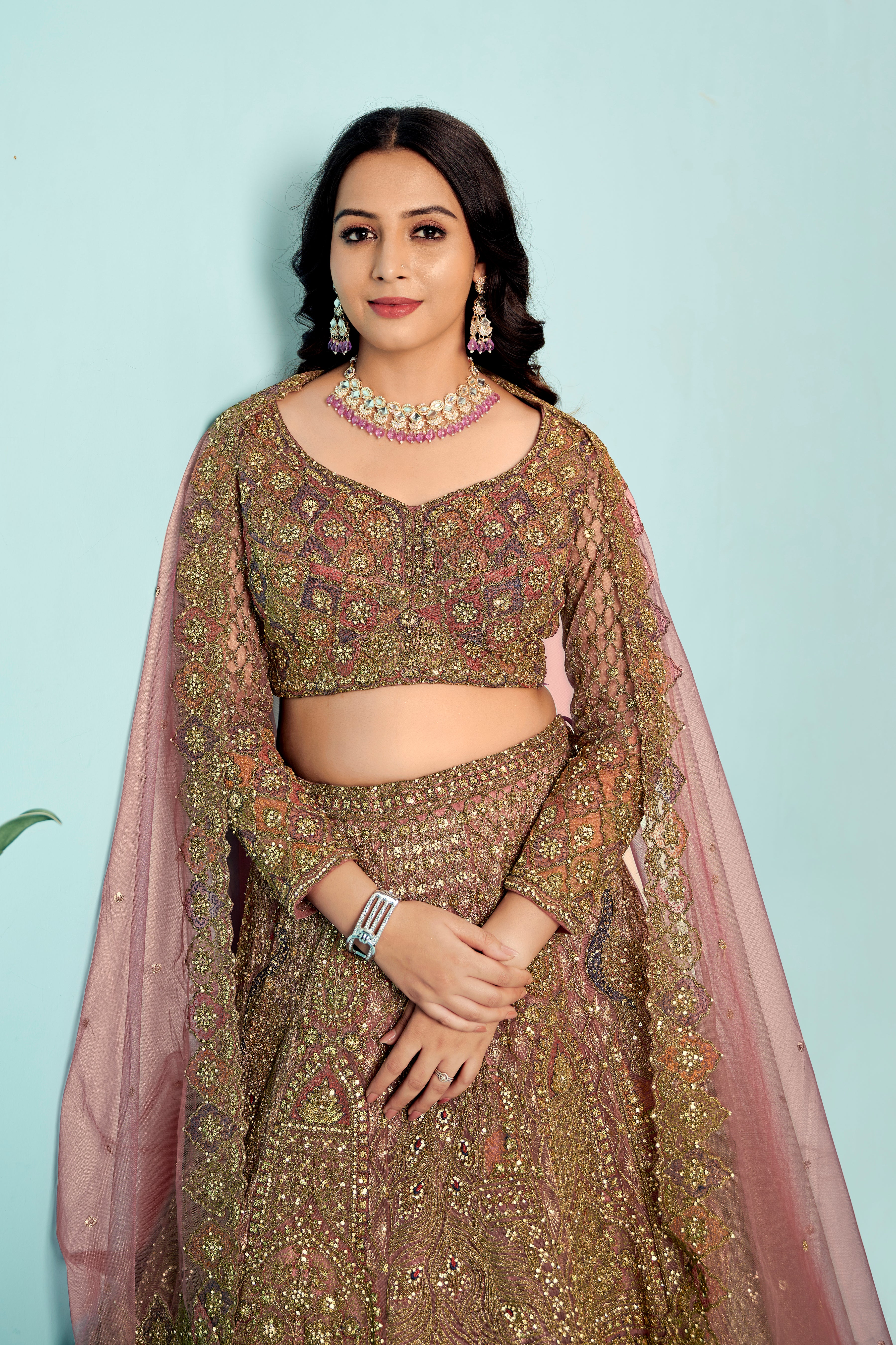 Antique Rose Gold Heavy Embroidered Lehenga Set
