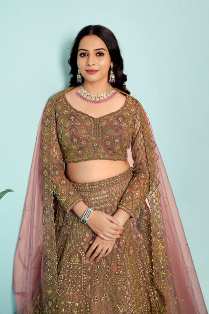 Antique Rose Gold Heavy Embroidered Lehenga Set