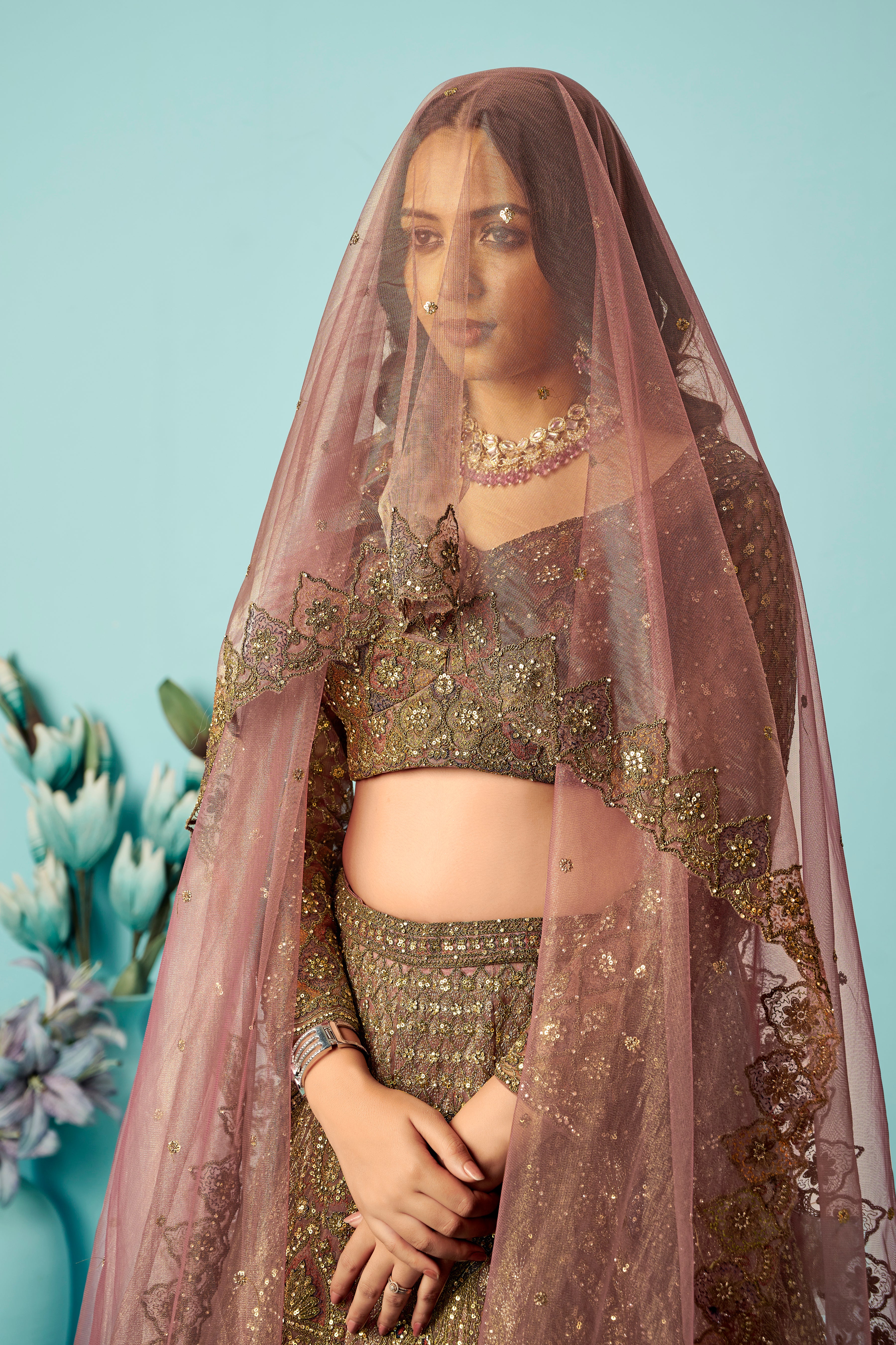 Antique Rose Gold Heavy Embroidered Lehenga Set