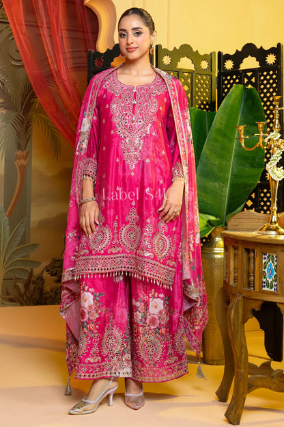 Pink Zari Floral Suit Set