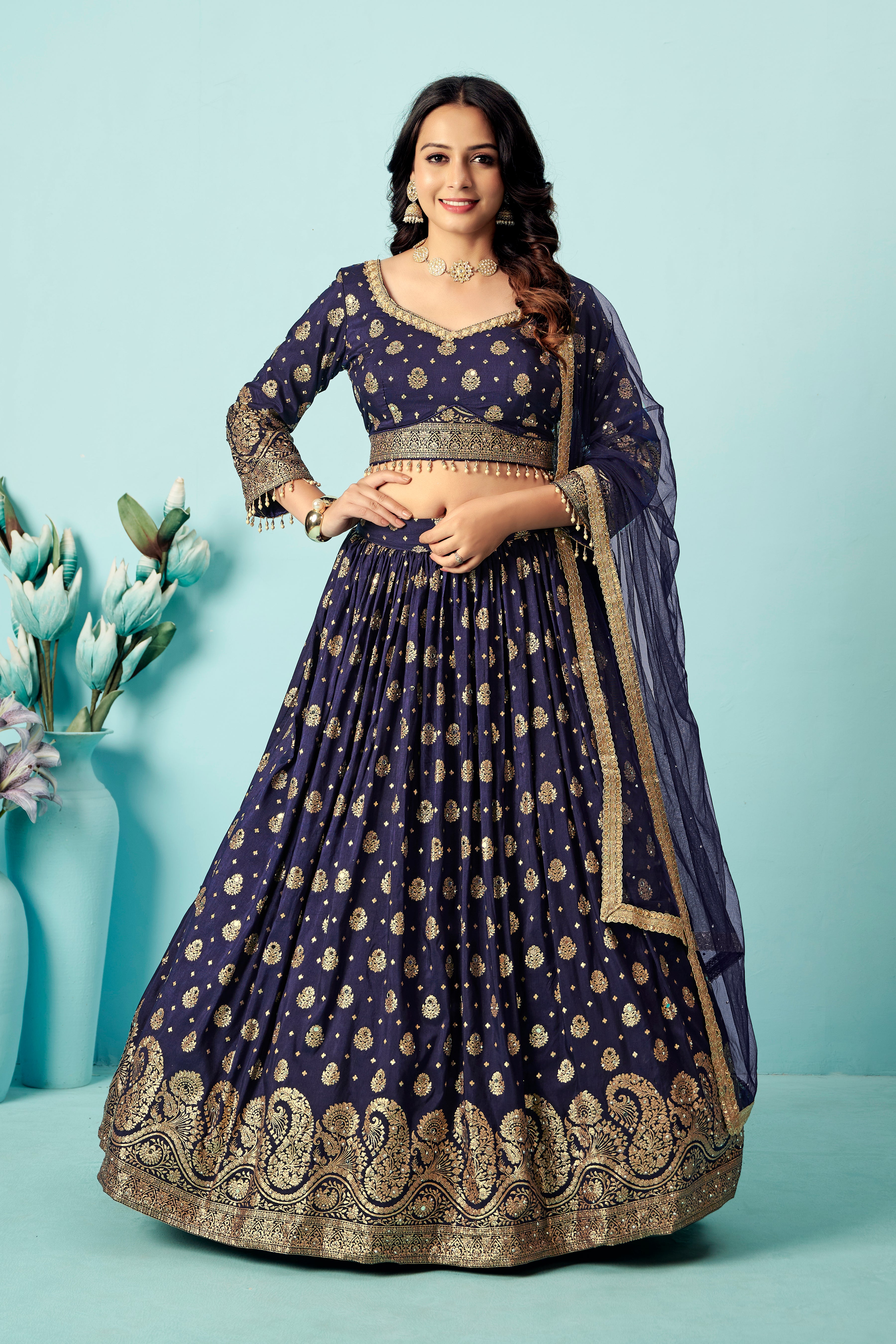 Navy Gold Zari Lehenga Set