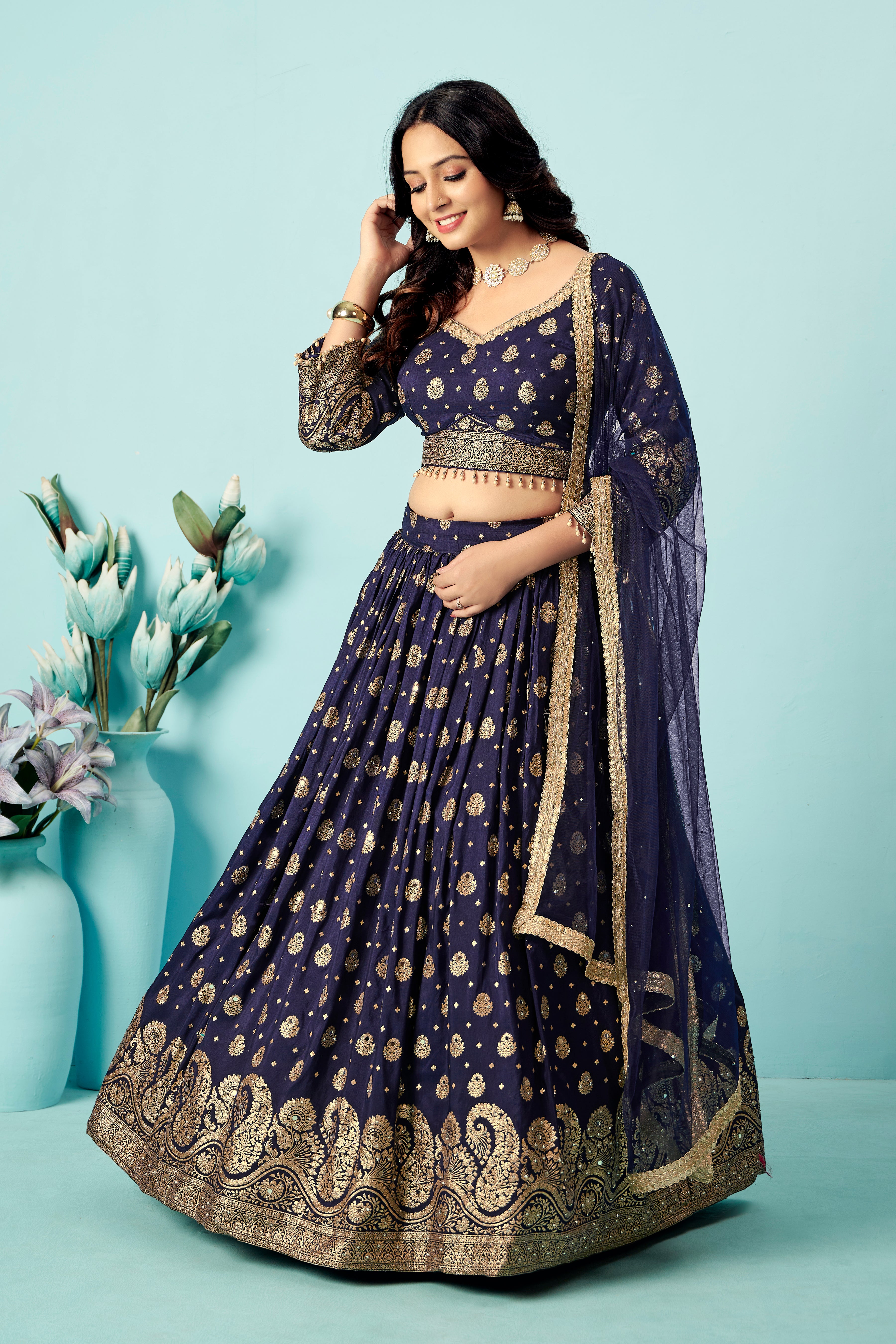 Navy Gold Zari Lehenga Set