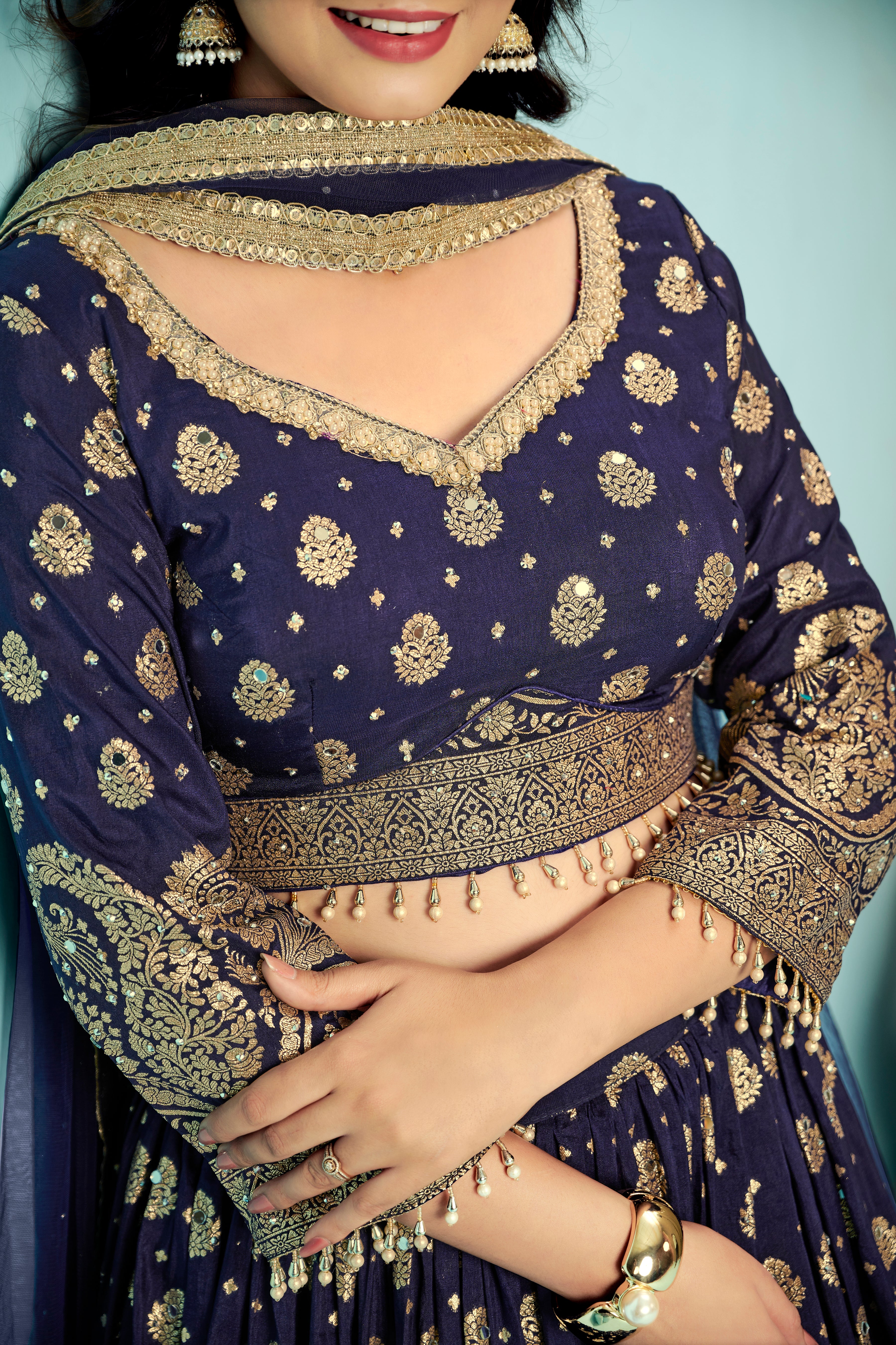 Navy Gold Zari Lehenga Set