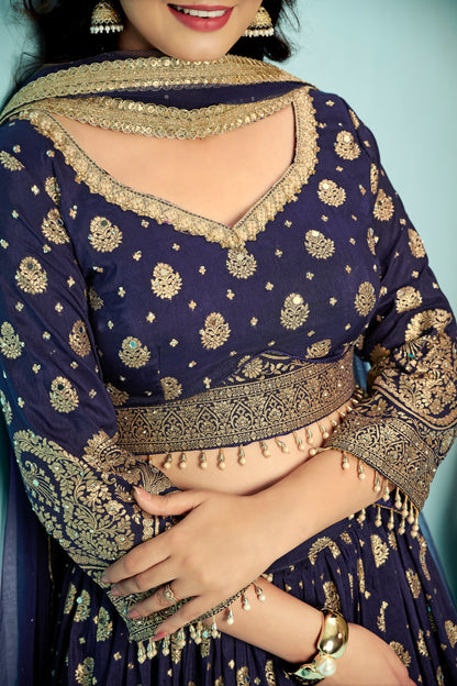 Navy Gold Zari Lehenga Set