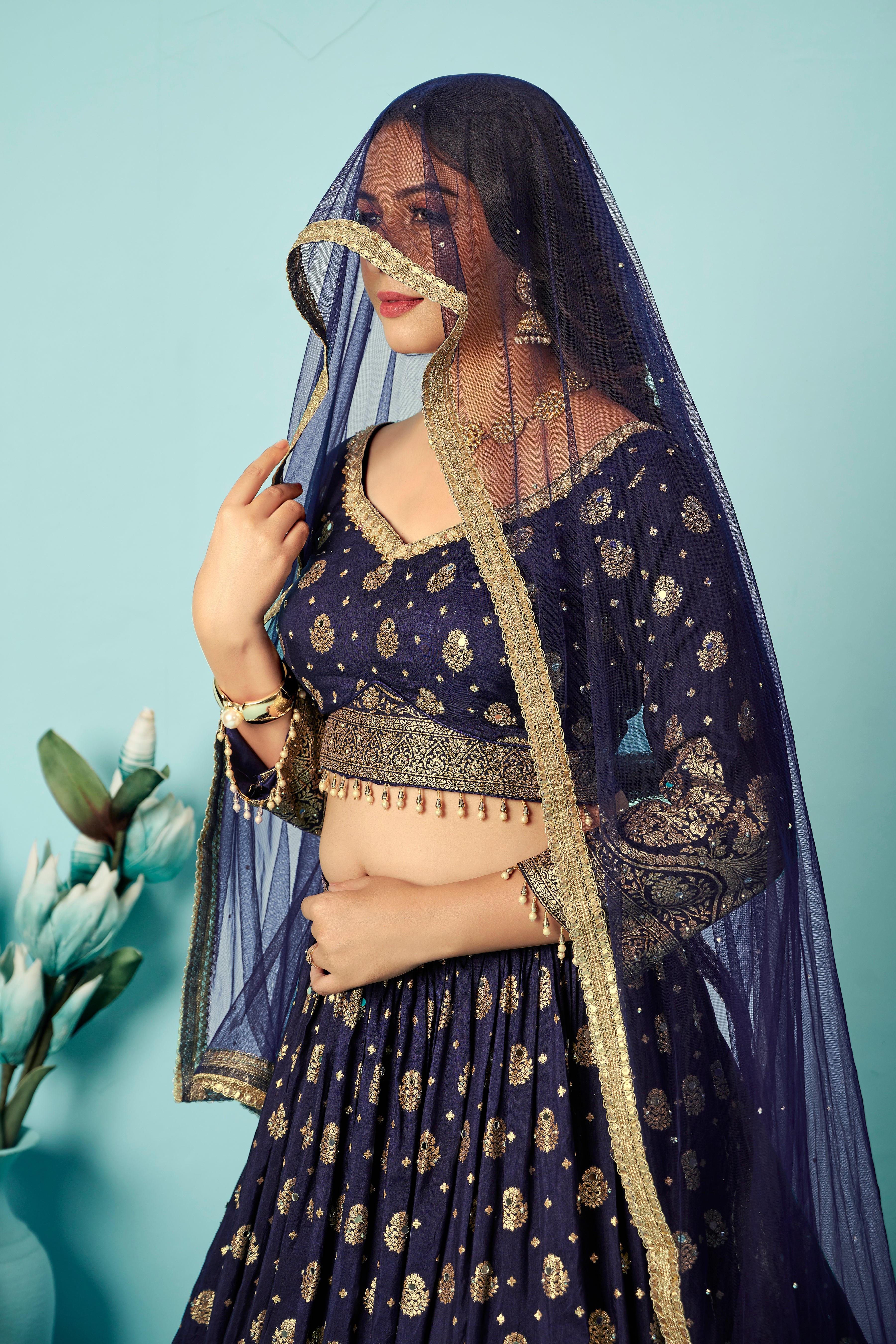 Navy Gold Zari Lehenga Set