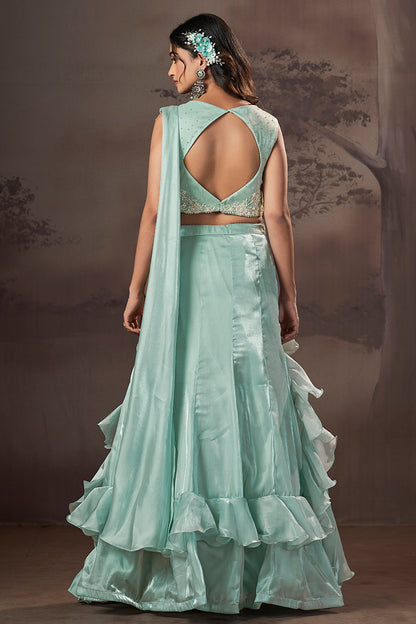Mint Cascade Ruffle Lehenga Set