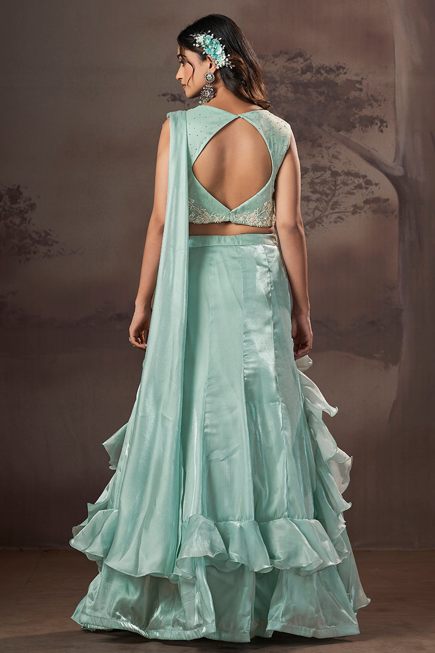 Mint Cascade Ruffle Lehenga Set
