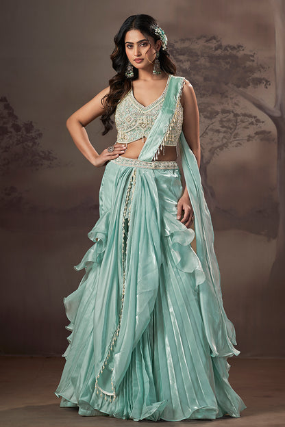 Mint Cascade Ruffle Lehenga Set