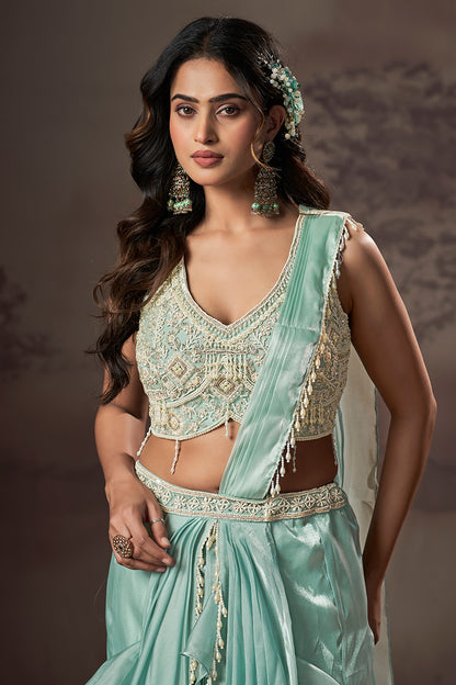 Mint Cascade Ruffle Lehenga Set