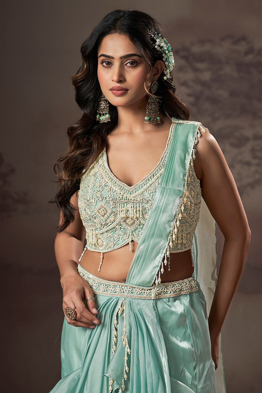Mint Cascade Ruffle Lehenga Set