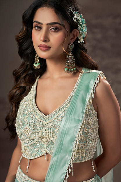 Mint Cascade Ruffle Lehenga Set