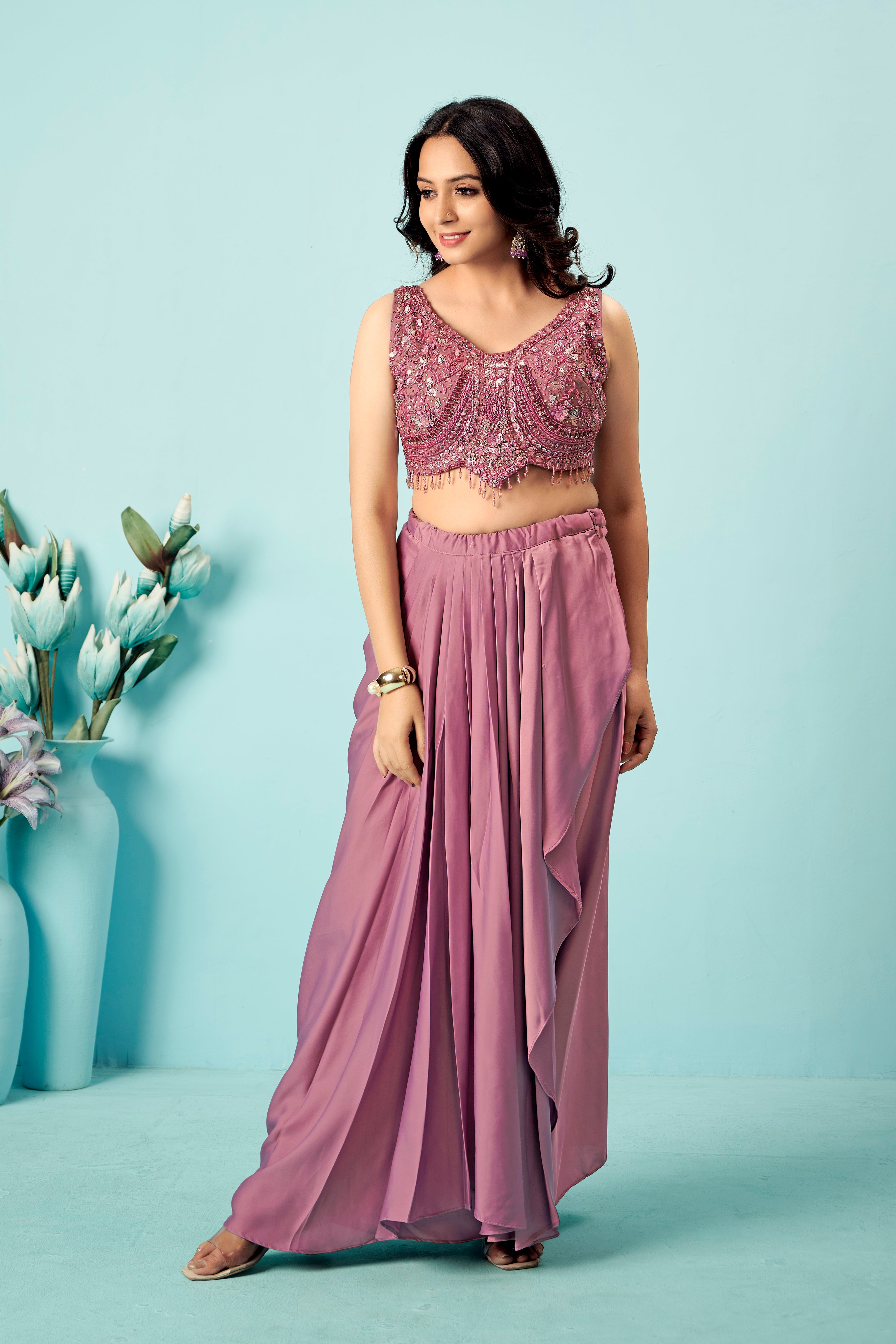 Mauve Sequin Cape Sharara Set