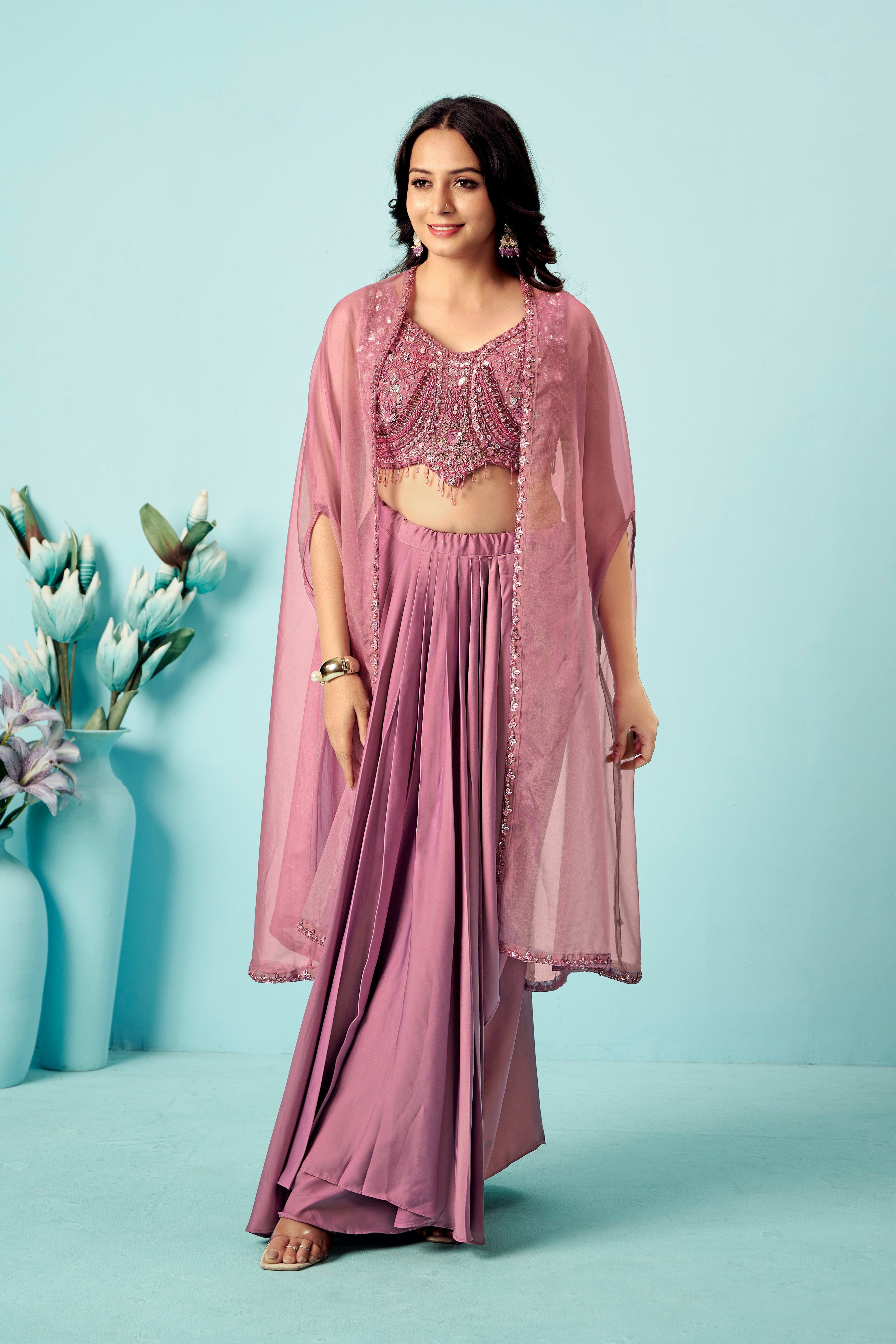 Mauve Sequin Cape Sharara Set
