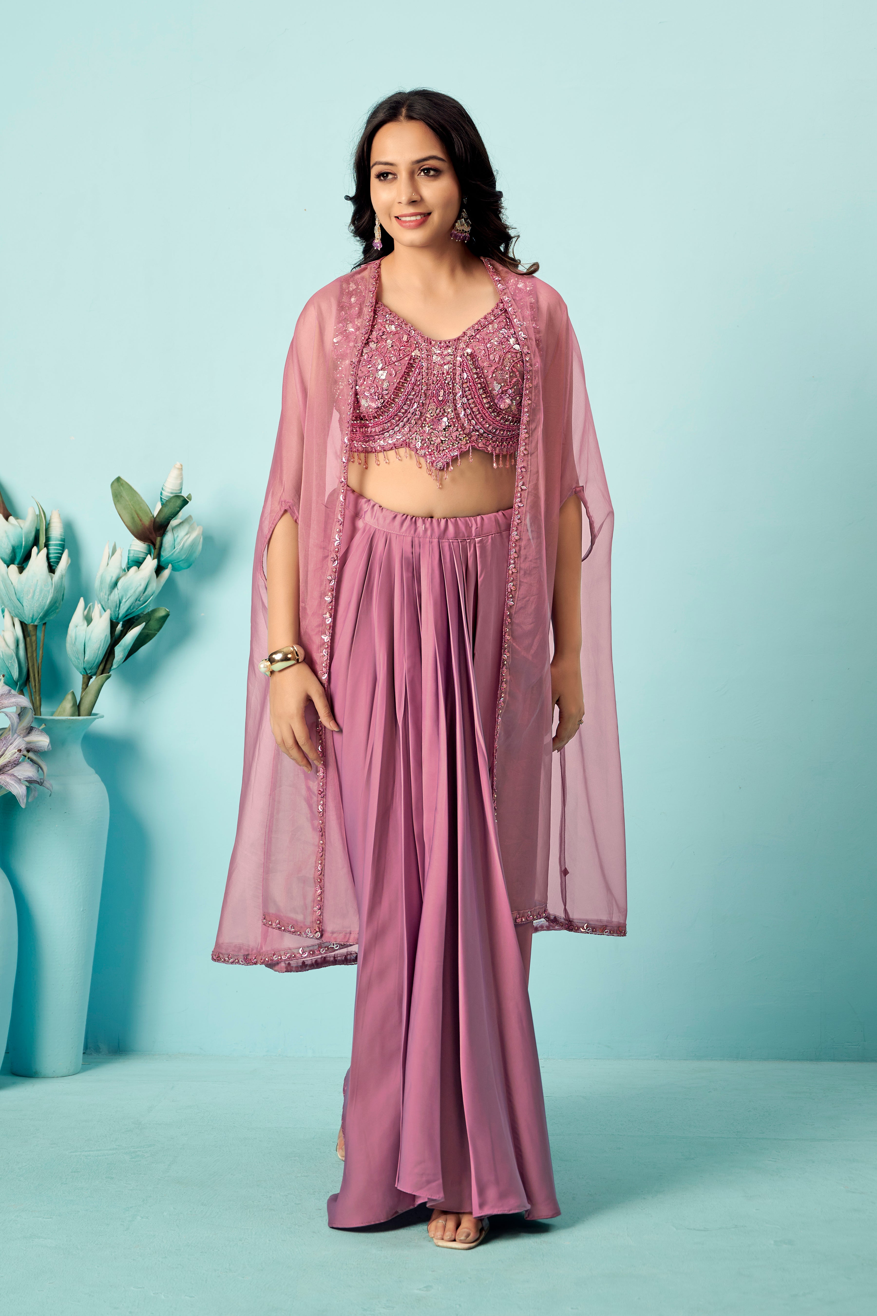 Mauve Sequin Cape Sharara Set