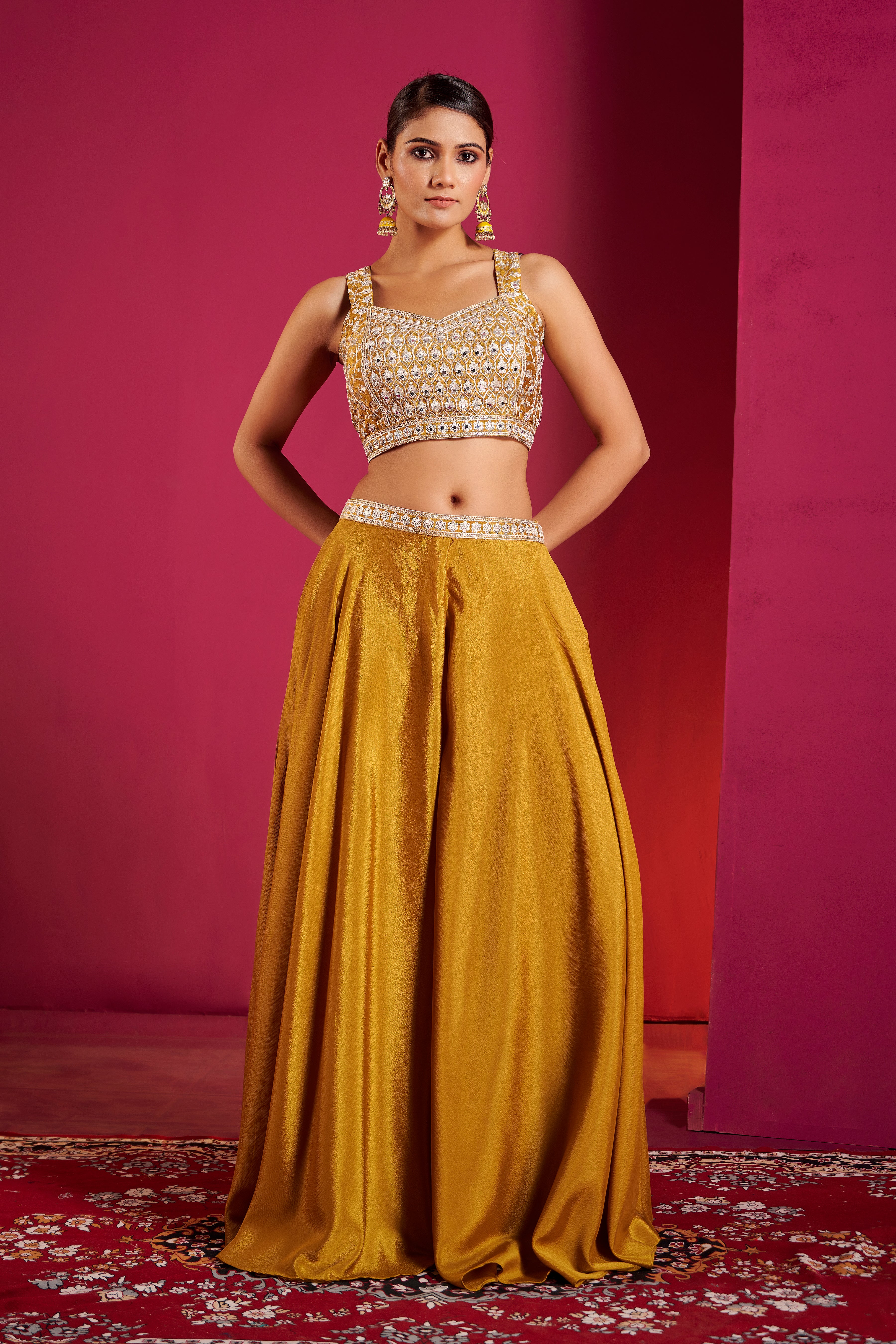 Mustard Mirror Work Lehenga Set