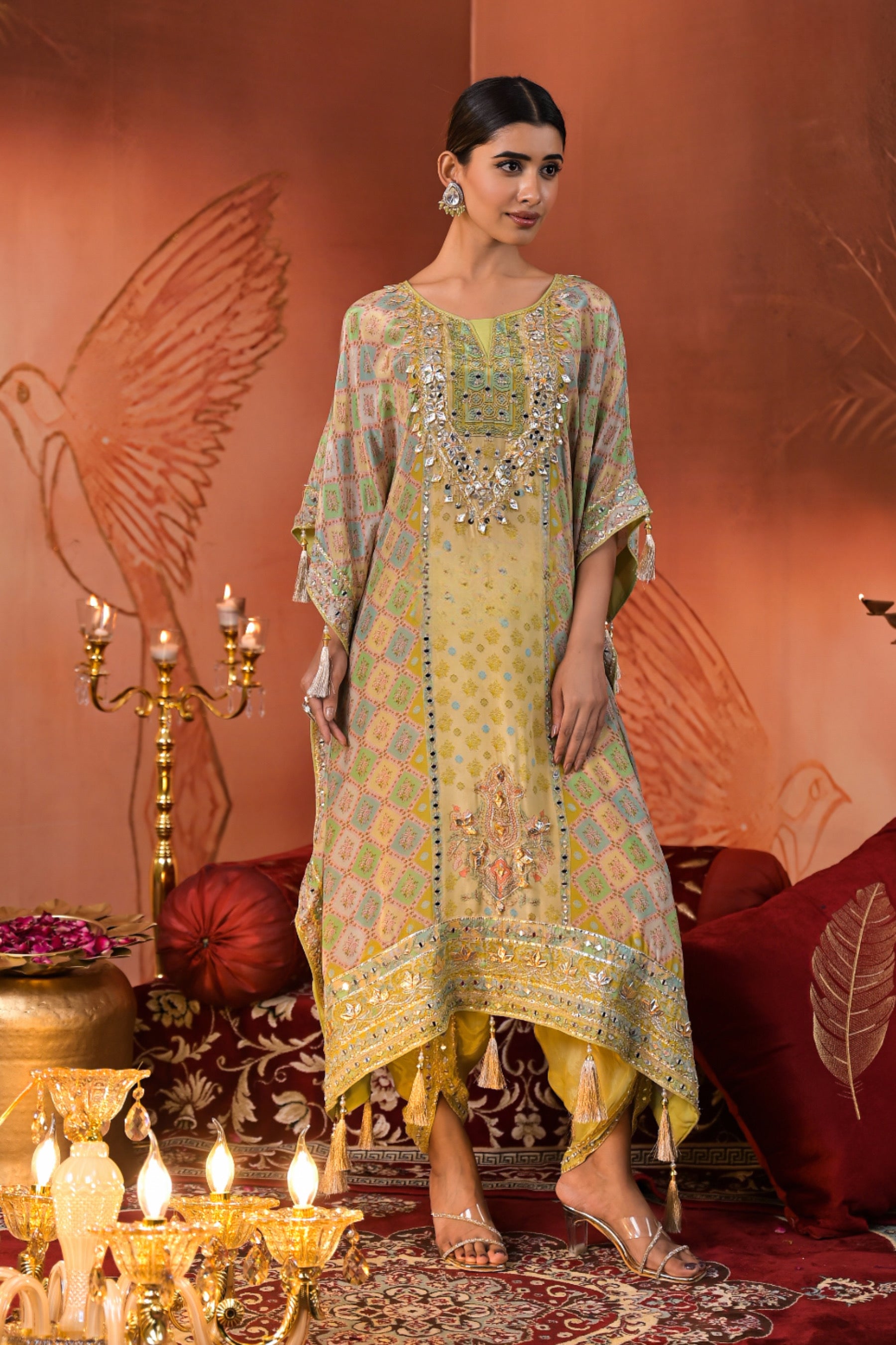 Pastel Mirrorwork Kaftan Set