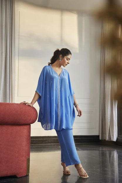 Sky Blue Embellished Kaftan Co-Ord Set
