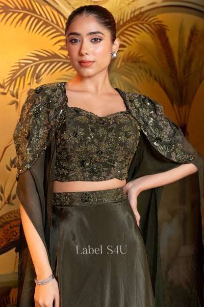 Olive Cape Sharara Set