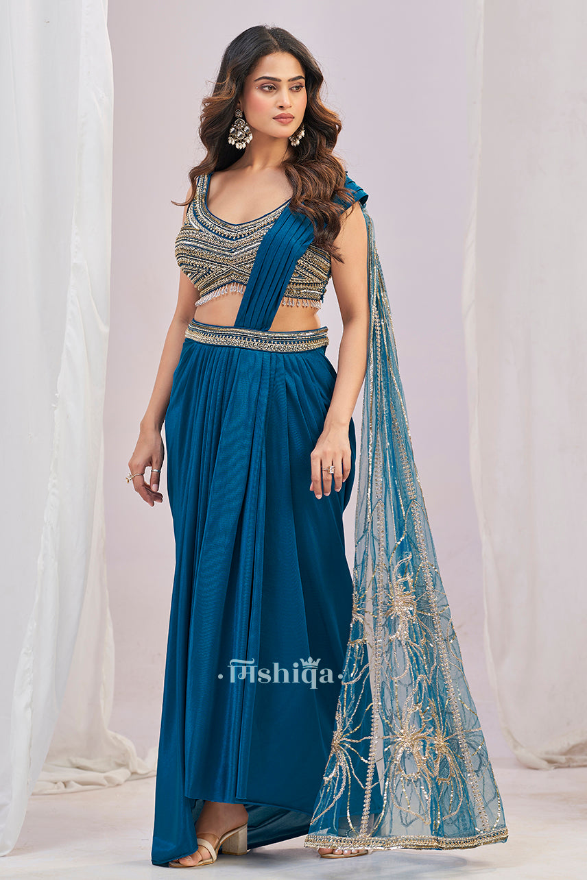 Teal Luxe Drape Saree Set