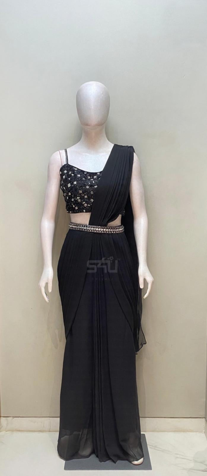 Black Mirror-Embellished Pre-Stitched Saree Set