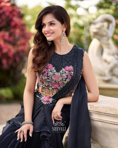 Black Rosetta Ruffle Lehenga Set