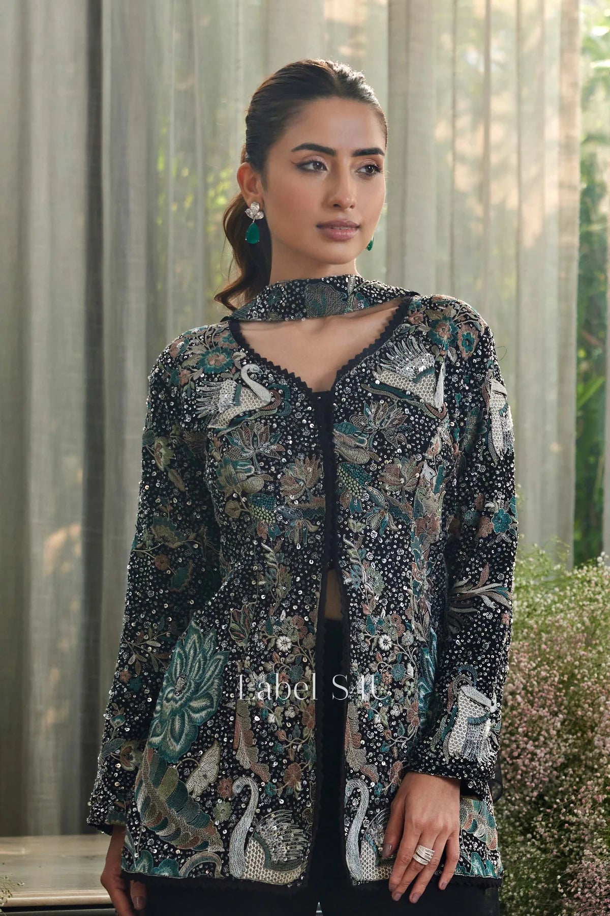 Embellished Black Peacock Jacket Set