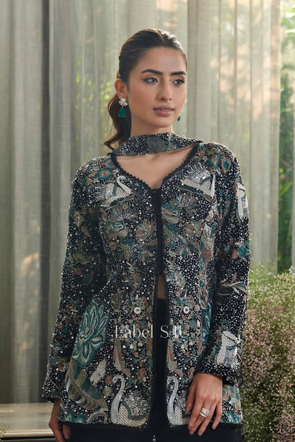 Embellished Black Peacock Jacket Set