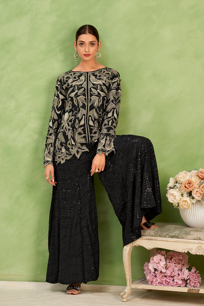 Noir Bloom Embroidered Top & Sequin Sharara Set