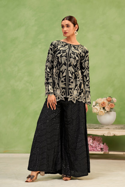 Noir Bloom Embroidered Top & Sequin Sharara Set