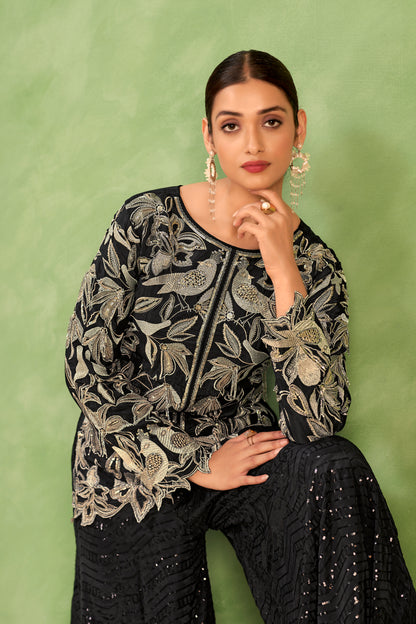 Noir Bloom Embroidered Top & Sequin Sharara Set